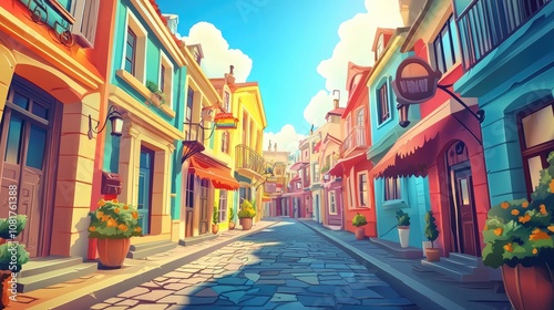 A Colorful European Street Scene with Sunny Sky and Cobblestone Road