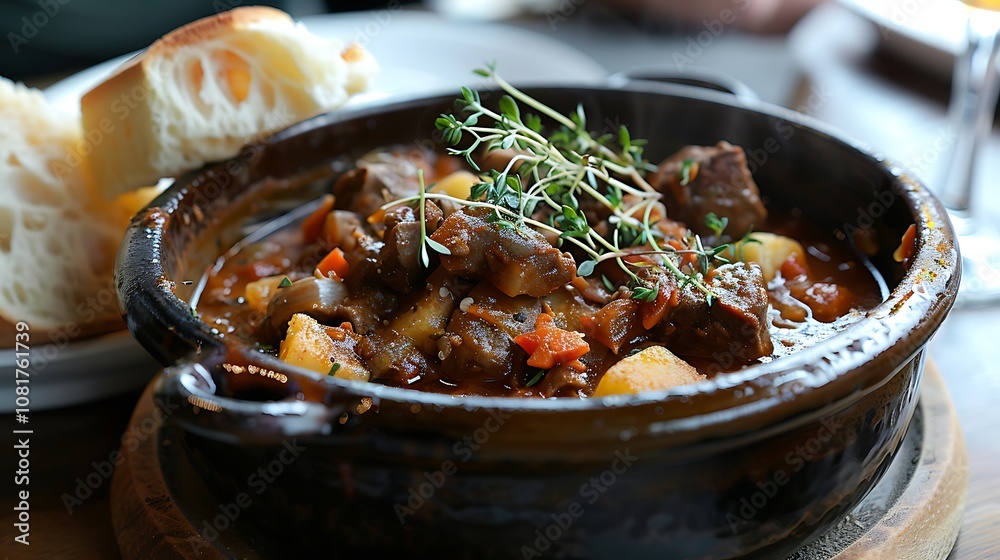 Pot of flavorful stew served with crusty bread and spices Pot of flavorful stew served with crusty bread and spices