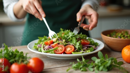 A person is skillfully mixing a vibrant salad composed of fresh tomatoes and arugula in a well-lit kitchen. Ingredients are neatly arranged nearby, indicating a passion for healthy cooking