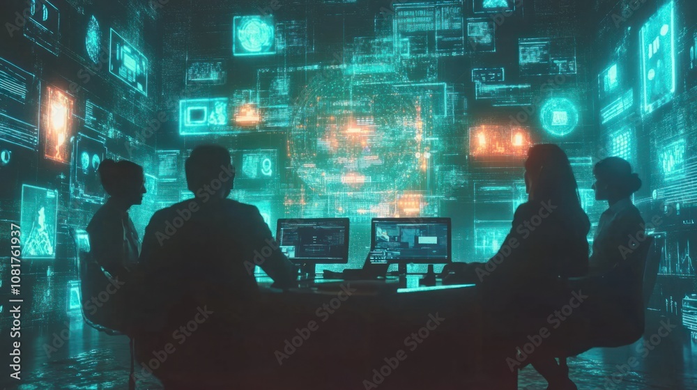 Professionals in online meeting, surrounded by holographic icons symbolizing digital connectivity Professionals in online meeting, surrounded by holographic icons symbolizing digital connectivity