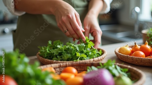 A person carefully picks fresh herbs, arranging them in a basket surrounded by colorful fruits and vegetables in a warm kitchen filled with natural light