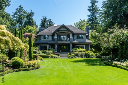 Exterior View of a Luxury House Surrounded by Lush Greenery photo