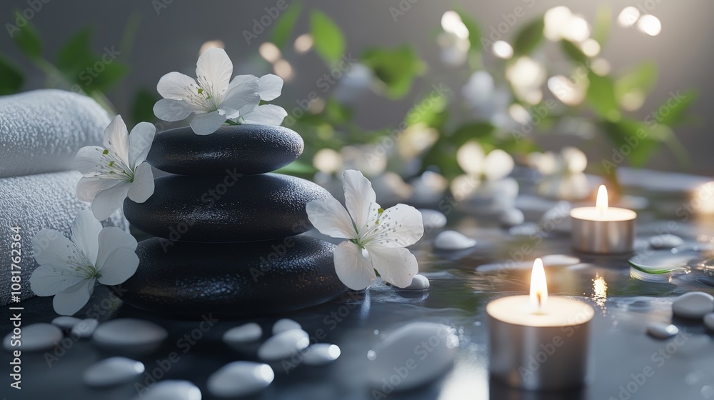 Relaxing spa scene with smooth stones, white flowers, and glowing candles for revitalizing moments. Relaxing spa scene with smooth stones, white flowers, and glowing candles for revitalizing moments.