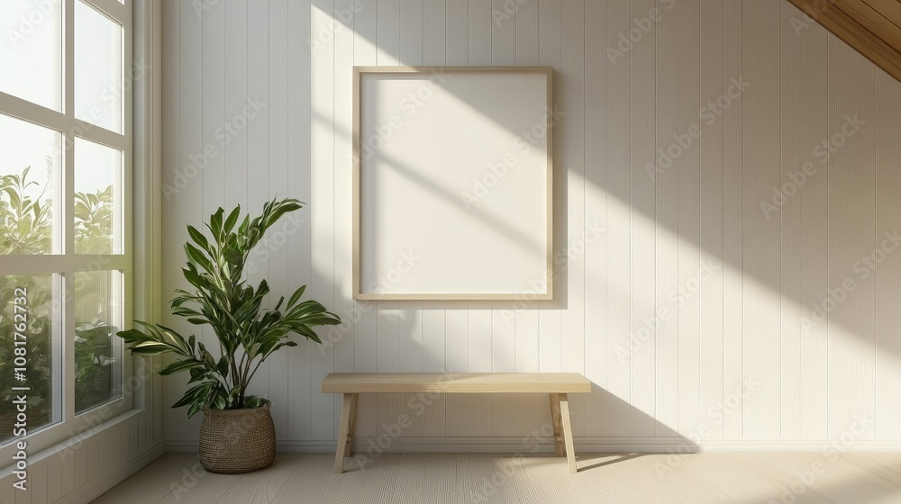 Blank wall frame above a simple bench in a Scandinavian-style room Blank wall frame above a simple bench in a Scandinavian-style room