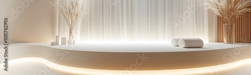61. A luxurious white podium with soft lighting from beneath, creating a sleek, spacious area for product placement.