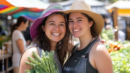 Farmer market adventure, fresh produce and shared smiles for LGBTQ family photo