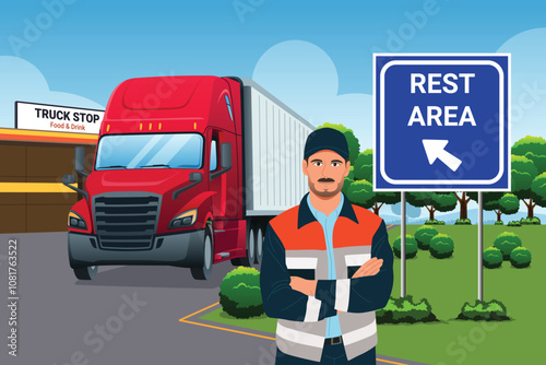 Truck Driver in Truck Stop Rest Area Vector Illustration
