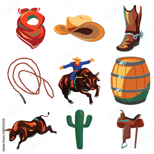 Riding Bull Cowboy Icon Sets Vector Illustration