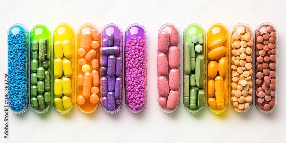 A colorful array of capsules and beads in transparent containers, showcasing various shapes and colors. A colorful array of capsules and beads in transparent containers, showcasing various shapes and colors.