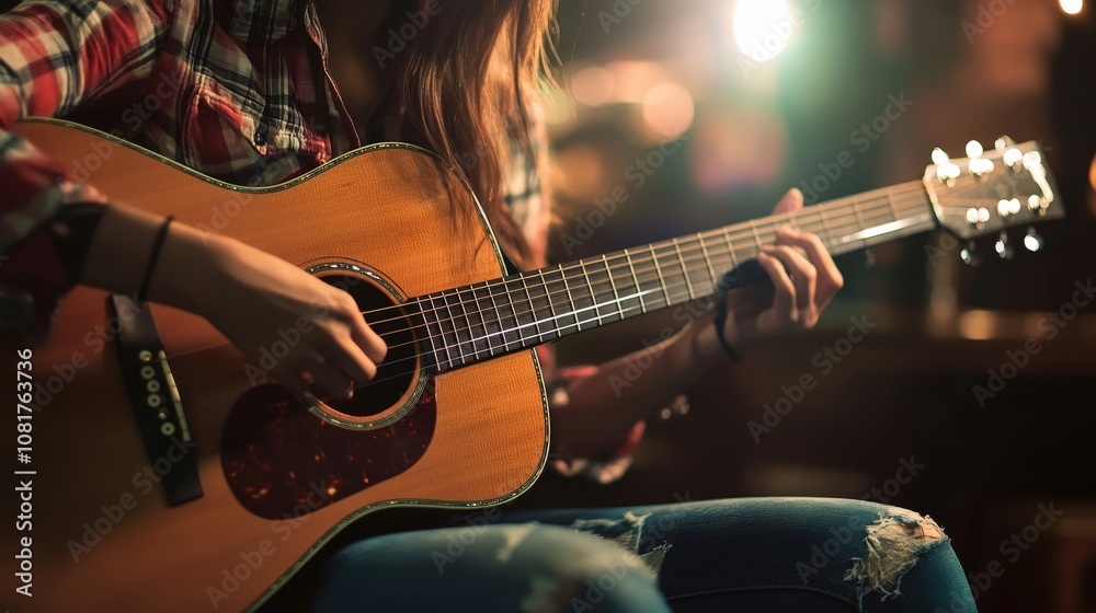 Fototapeta premium A Woman's Hand Playing an Acoustic Guitar