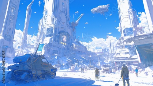 Futuristic snowy city with vehicles and people.