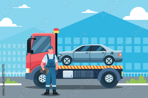 Tow truck Driver Transporting a Car Vector Illustration