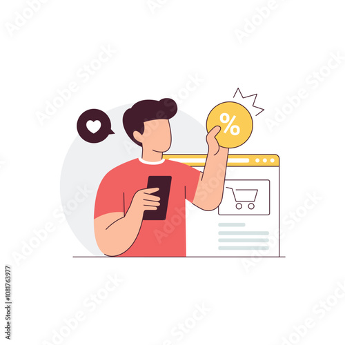 A Man holding a smartphone is shopping online and Get super discount from online store flat vector illustration concept