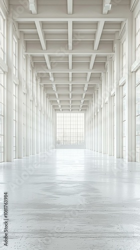 A white room with large windows and a grid ceiling. AI.