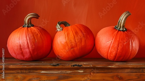 Pumpkins either pink or red uchiki kuri on an antique oak desk on an orange backdrop photo