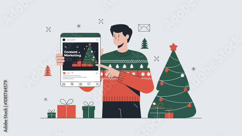 Person holding a tablet or smartphone, showcasing engaging Christmas-themed content marketing on the screen.