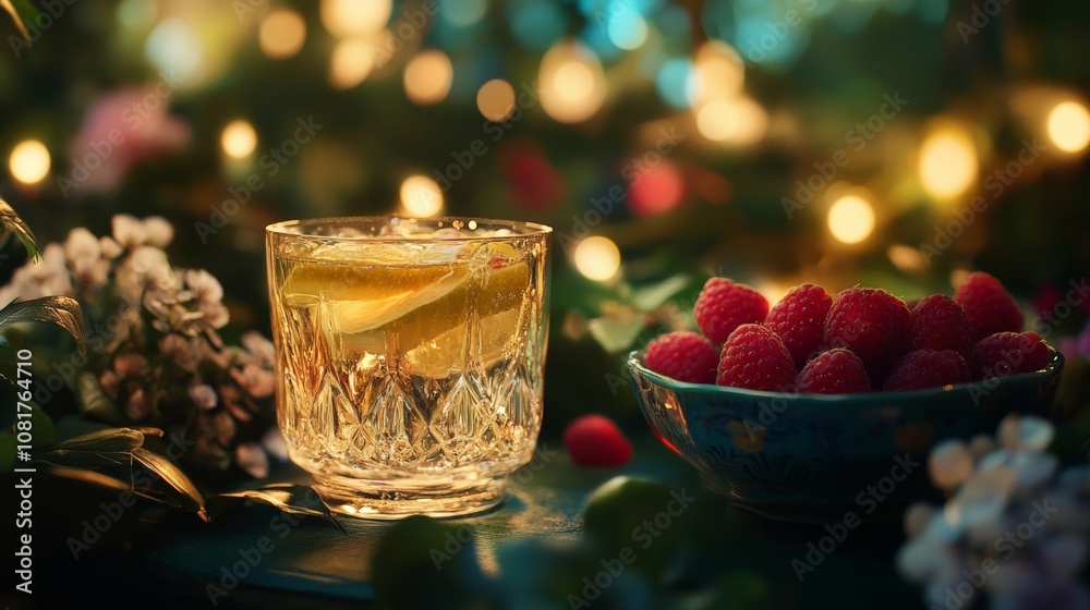 Refreshing cocktail with lemon and raspberries among soft lights and flowers for a cozy ambiance Refreshing cocktail with lemon and raspberries among soft lights and flowers for a cozy ambiance