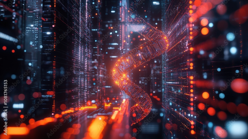Obraz premium High-tech DNA model floating on digital grid background, symbolizing cutting-edge science