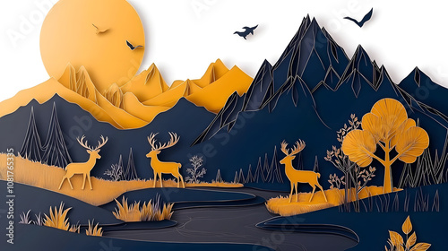 Paper art landscape with deers and mountains photo