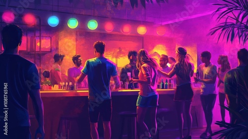 A group of people socialize and enjoy drinks at a lively bar, illuminated by colorful lights. The atmosphere is vibrant and energetic, creating a festive mood