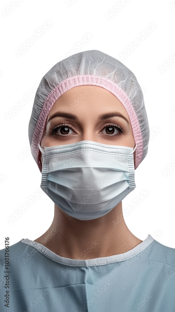 Medical professional wearing surgical mask and cap in hospital