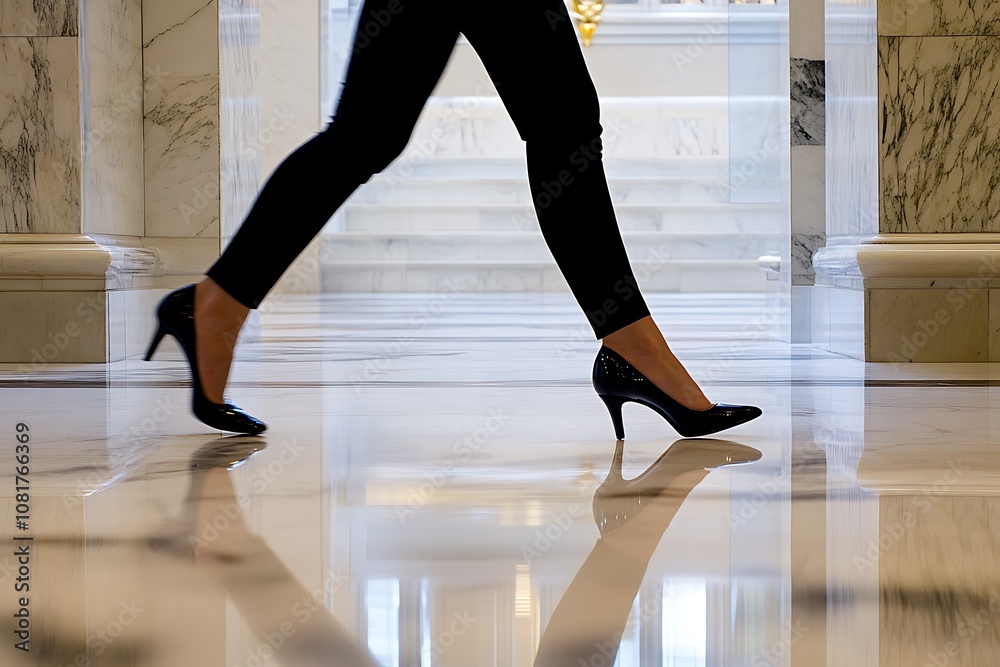 Woman in Black Pants and Heels Walking on a Marble Floor Woman in Black Pants and Heels Walking on a Marble Floor
