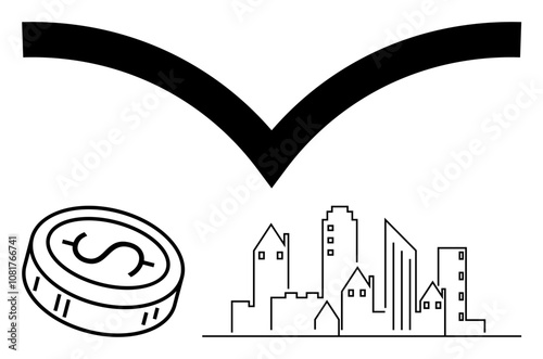 Upward curve representing growth, coin with dollar sign, and simplified city skyline. Ideal for finance, economics, urban development, real estate, investment business growth strategies. Line