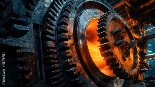 A close-up of a steel factorys machinery in operation, with large gears turning and molten metal glowing orange, showcasing