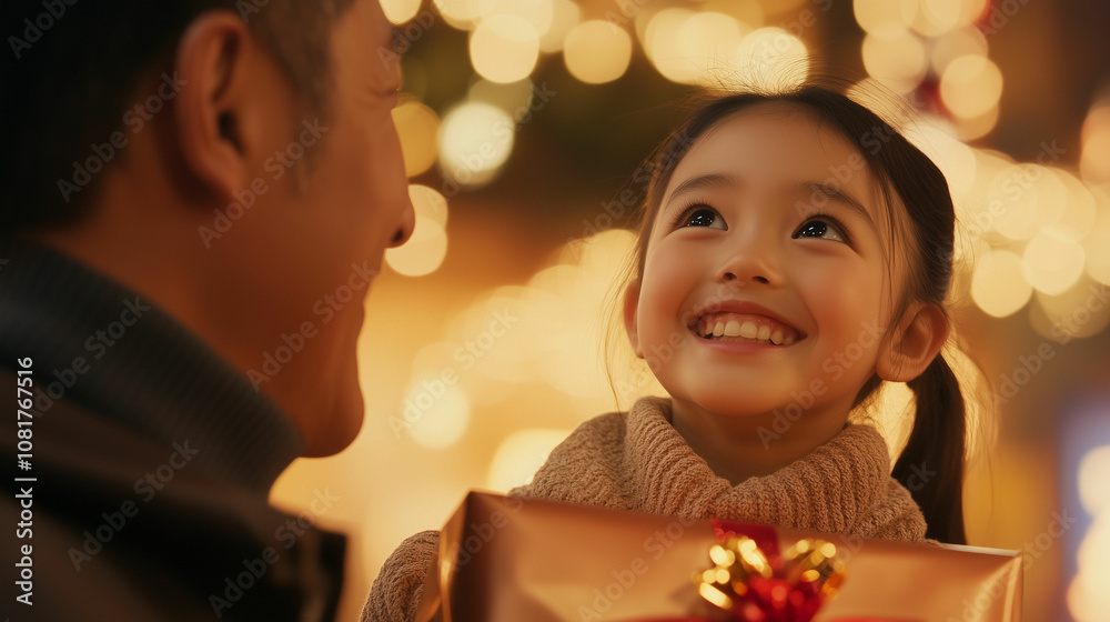A joyful Japanese girl grinning widely while holding a beautifully wrapped gift in a festive setting during the holiday season A joyful Japanese girl grinning widely while holding a beautifully wrapped gift in a festive setting during the holiday season
