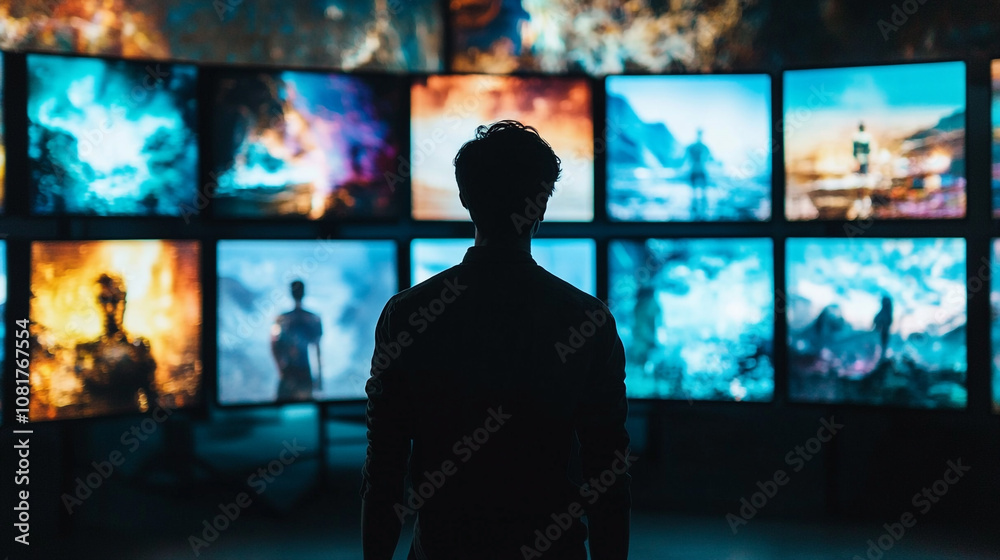 A person observing digital artwork displayed on multiple screens in a dark room setting A person observing digital artwork displayed on multiple screens in a dark room setting