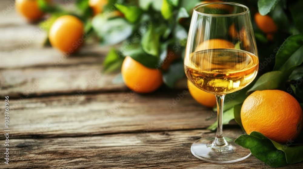 A delicate glass of orange wine sits on a rustic wooden table next to fresh oranges and green leaves, capturing the natural A delicate glass of orange wine sits on a rustic wooden table next to fresh oranges and green leaves, capturing the natural
