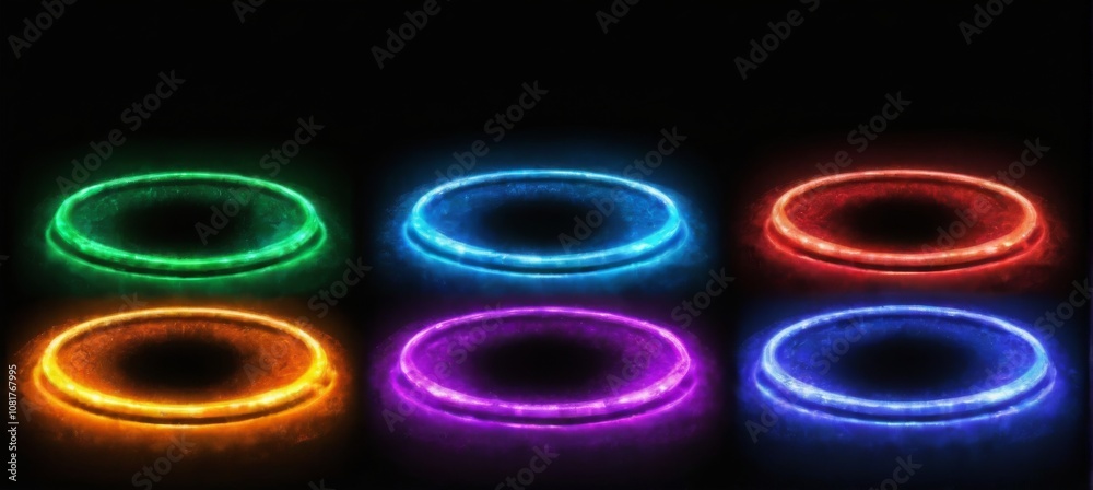 Vibrant Circular Lights in Grid Pattern on Black Background, Emitting Bright Glows in Multiple Colors Futuristic Aesthetic.