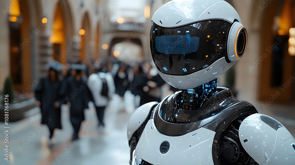 Humanoid robot wearing a graduation cap and gown, standing in a university setting as a symbol of AI and education.
Humanoid robot wearing a graduation cap and gown, standing in a university setting as a symbol of AI and education.