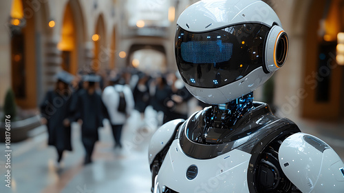 Humanoid robot wearing a graduation cap and gown, standing in a university setting as a symbol of AI and education. 