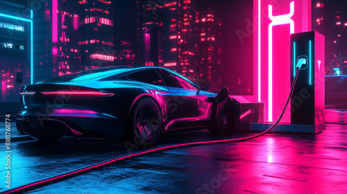 A sleek electric car is plugged into a futuristic charging station in a dark, neon-lit city. The car's battery is recharging, showing the future of sustainable transportation. photo