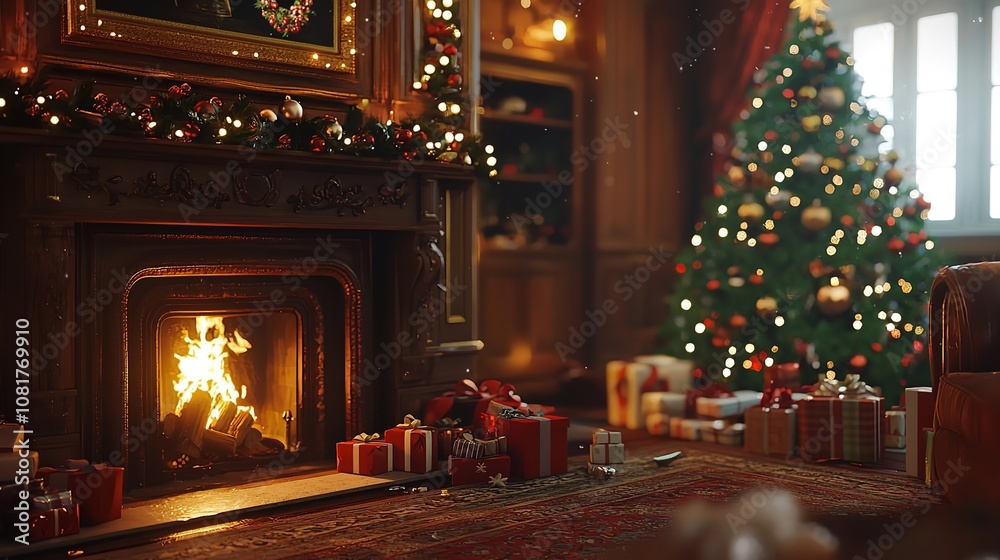 Obraz premium Christmas Decorations Including a Fireplace, a Christmas Tree, and Festive Accents