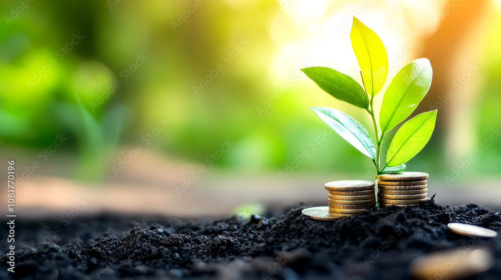A sprouting plant emerges from soil atop stacks of coins, symbolizing growth, investment, and sustainability in a vibrant, natural setting. A sprouting plant emerges from soil atop stacks of coins, symbolizing growth, investment, and sustainability in a vibrant, natural setting.
