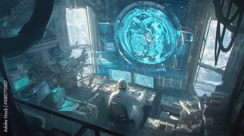 Here's a  and keyword list for your stock photo submission.. Astronaut in futuristic spaceship control room overlooking Earth.