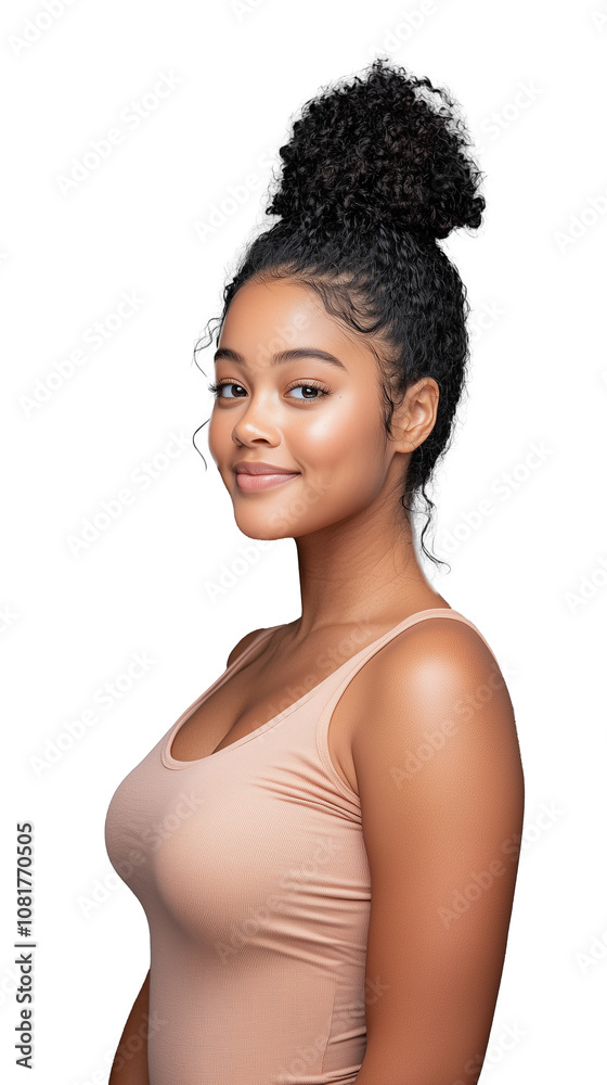 Young woman with curly hair smiling on transparent background
