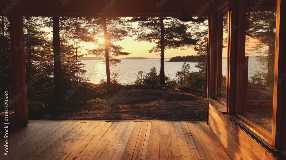 A modern wooden cabin in the archipelago, with a view of the sea and pine trees through large windows, bathed in the warm glow of A modern wooden cabin in the archipelago, with a view of the sea and pine trees through large windows, bathed in the warm glow of