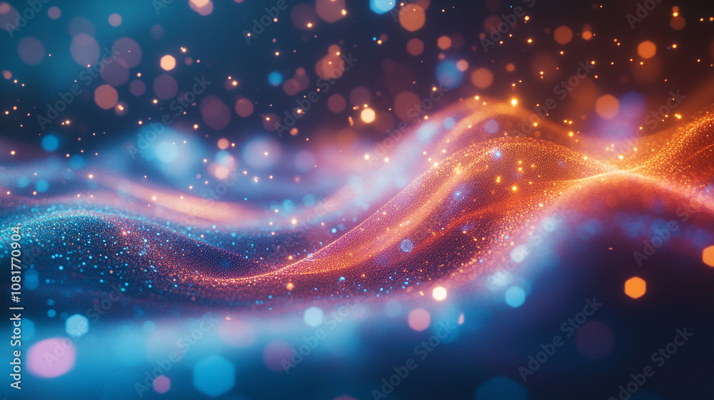 Obraz premium Colorful abstract waves of light with shimmering particles in a dark background