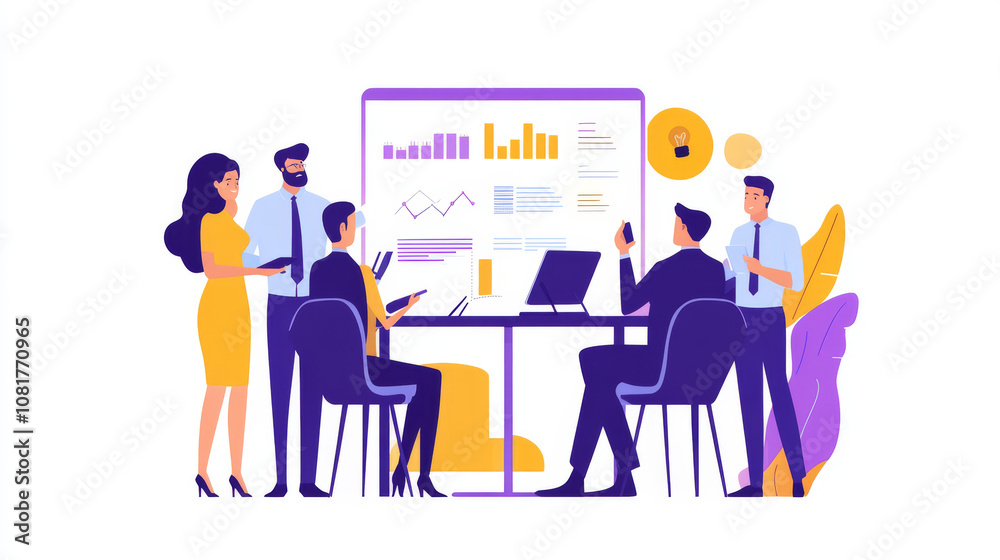 A group of business people are discussing an idea. The marketing team joins the meeting.The manager is showing a financial chart,while others talk to an investor on the phone and brainstorm new ideas.