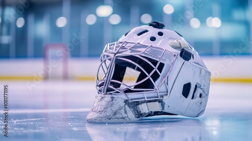 A hockey rink's goalie helmet, indoor setting with ice background, Classic style photo