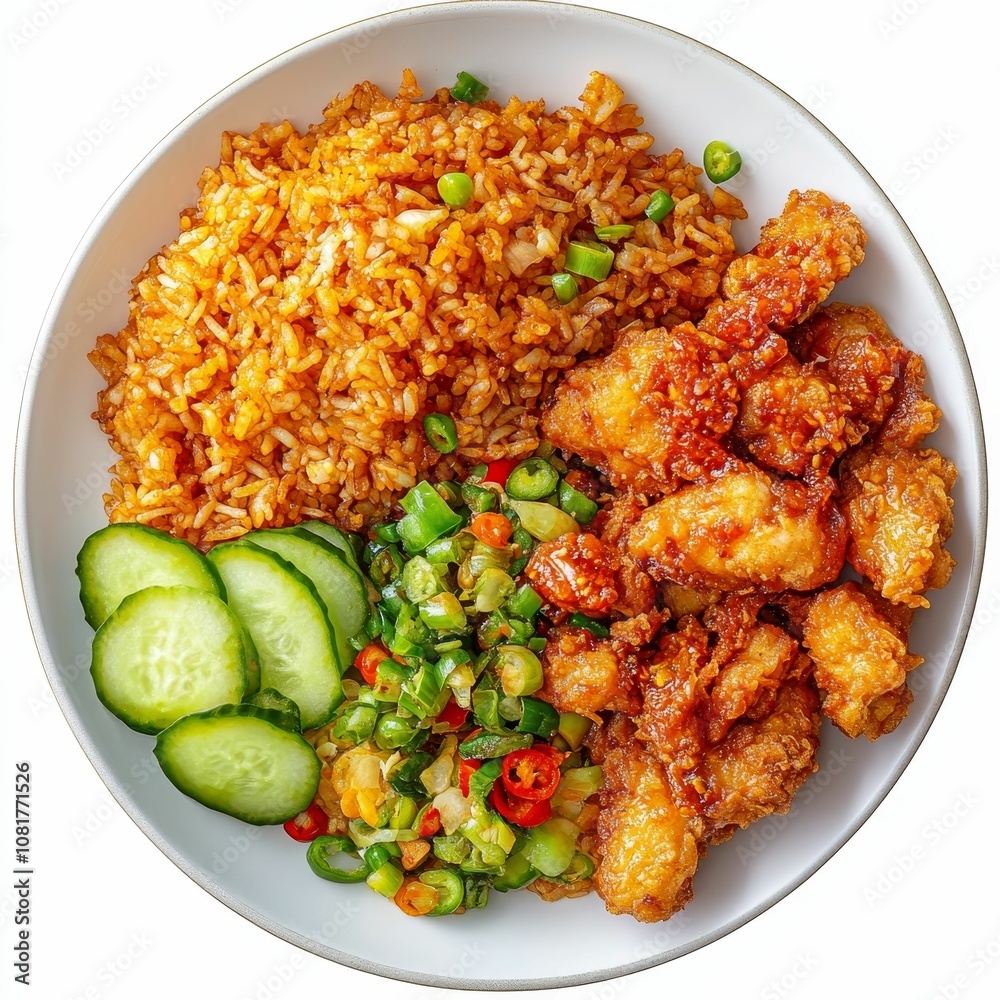 Fototapeta premium Fried chicken, rice, cucumber, and green onions on a white