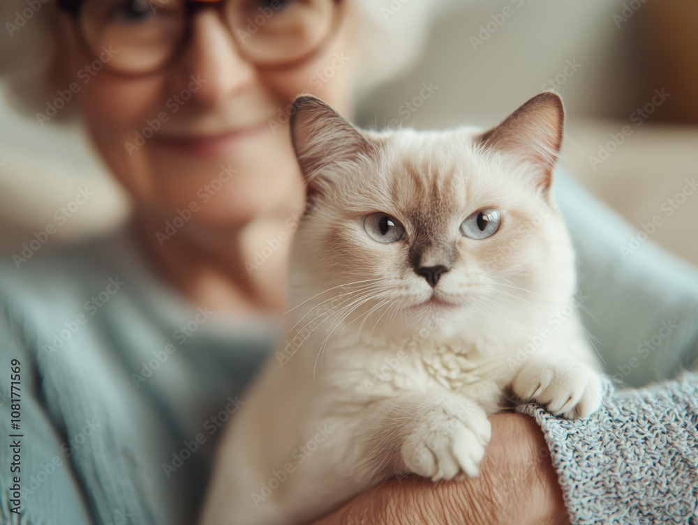 Obraz premium Elderly Cat Love Concept. An elderly woman smiles while holding a fluffy white cat, showcasing a moment of companionship and warmth between them.