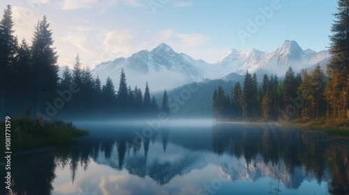 A serene mountain landscape at dawn, with mist rolling through pine trees, and a clear, pristine lake reflecting the snow-capped