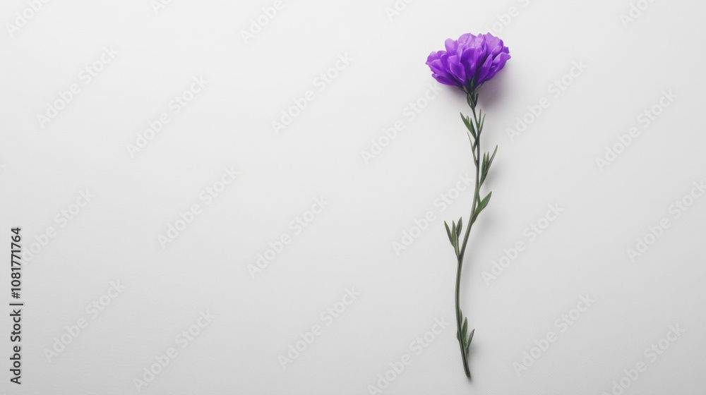 A single vibrant lavender flower placed elegantly on a white background, with its delicate purple petals standing out against the A single vibrant lavender flower placed elegantly on a white background, with its delicate purple petals standing out against the