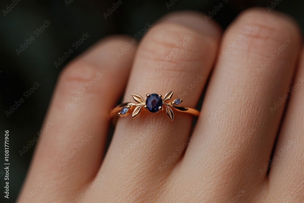 Obraz premium Woman wearing elegant golden ring with blue gemstone and leaf design