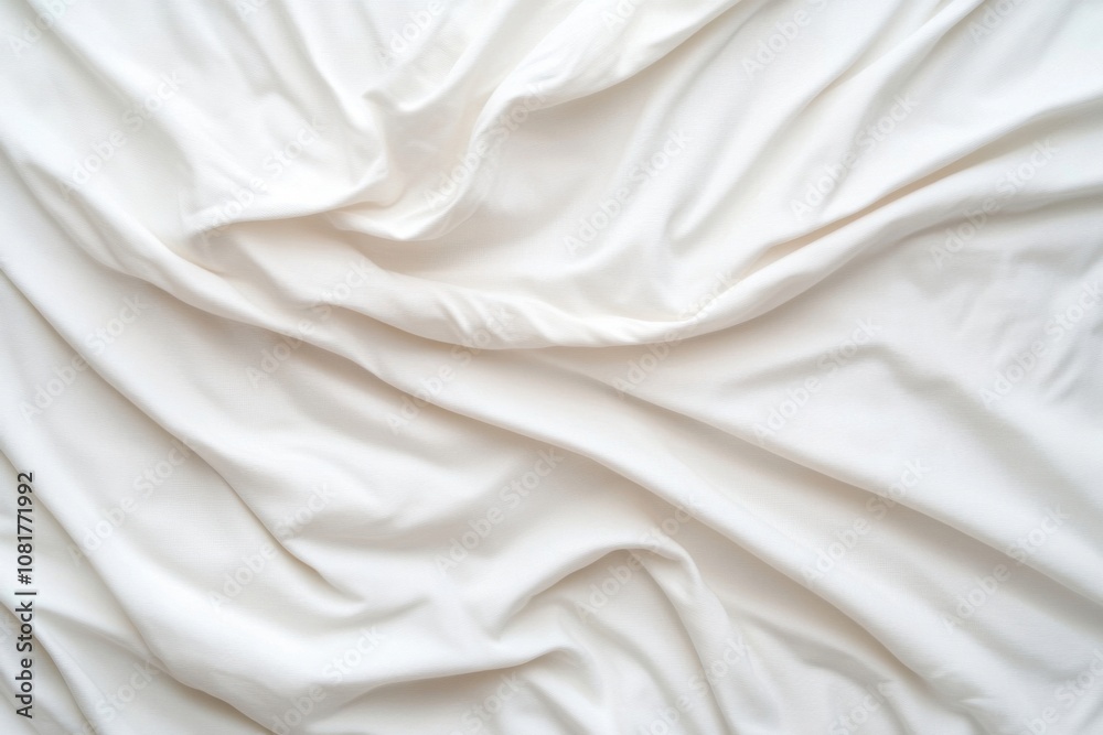 Obraz premium Top view of soft white bedding sheets with elegant wrinkles creating relaxing atmosphere