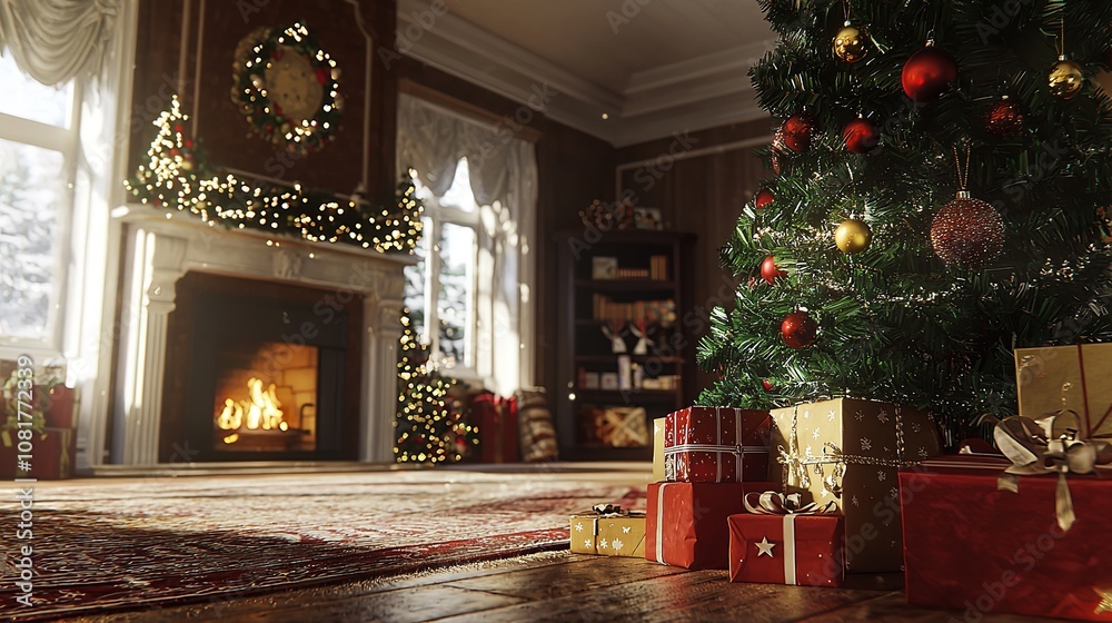 Christmas Decorations Including a Fireplace, a Christmas Tree, and Festive Accents